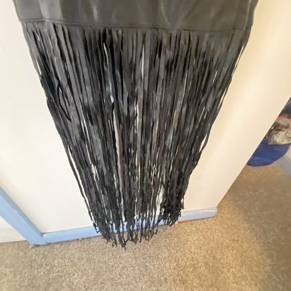 Y2K Black Faux Leather Maxi Dress Sleeves Whimsigoth Witch Cut Out Fringe XS - Picture 8 of 11